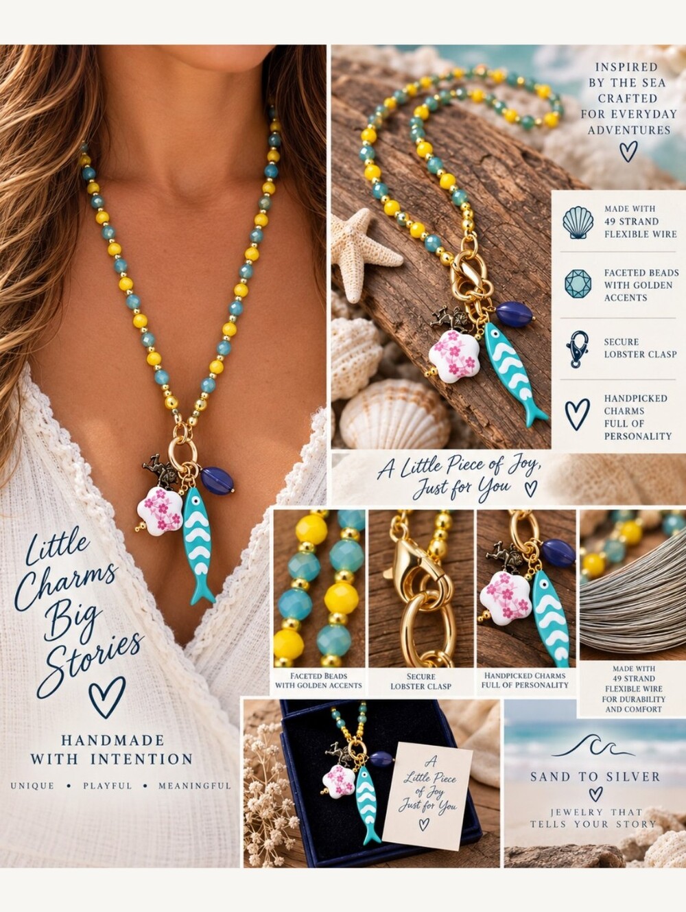 Sand to Silver Handmade Yellow & Teal Beaded Charm Necklace with Fish Pendant
